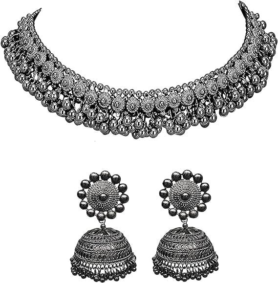 ANTIQUE SILVER & BLACK AFGHANI CHOKER WITH EARRINGS FOR ALL AGES WOMENS & GIRL