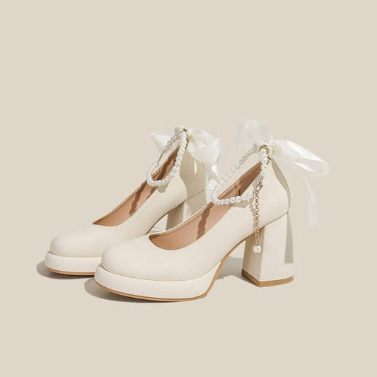🤍 Elegant White Pearl Bow Block Heels | Bridal & Party Wear Pumps ✨
