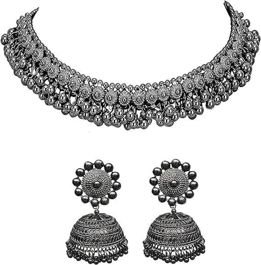 ANTIQUE SILVER & BLACK AFGHANI CHOKER WITH EARRINGS FOR ALL AGES WOMENS & GIRL