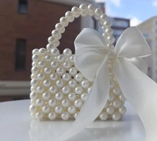 Elegant Mini Handmade Pearl Bag With Ribbon Bow – Versatile Design for Crossbody and Shoulder Carry - Wedding Clutch